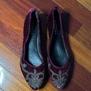 Barneys New York Velvet Embellished Flats Burgundy Ballet 36 Size 6 Preppy Glam